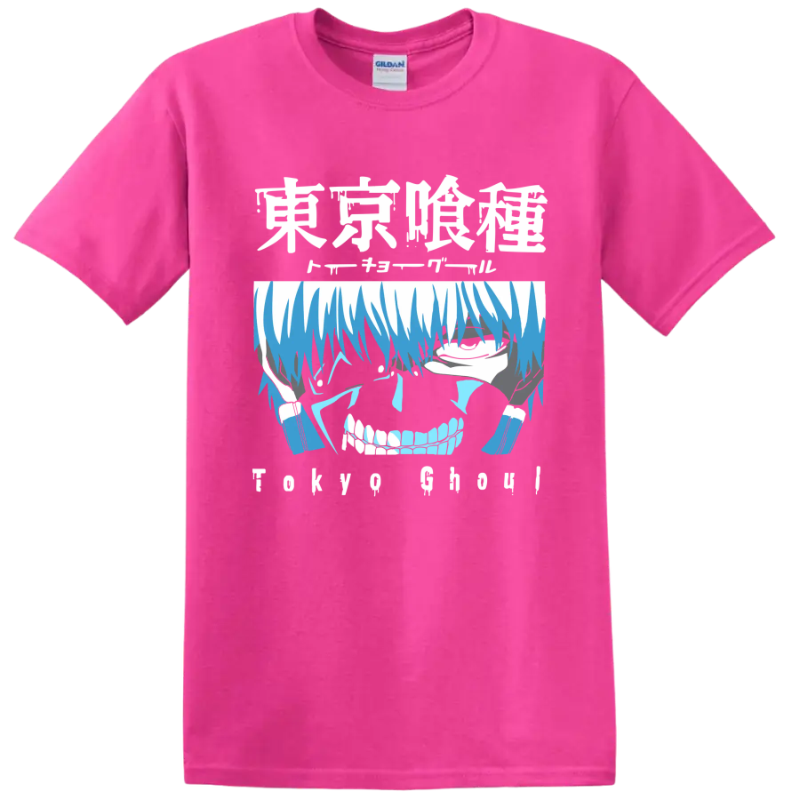 Ken Kaneki blue distressed anime portrait graphic from Tokyo Ghoul on a Safety Pink T Shirt