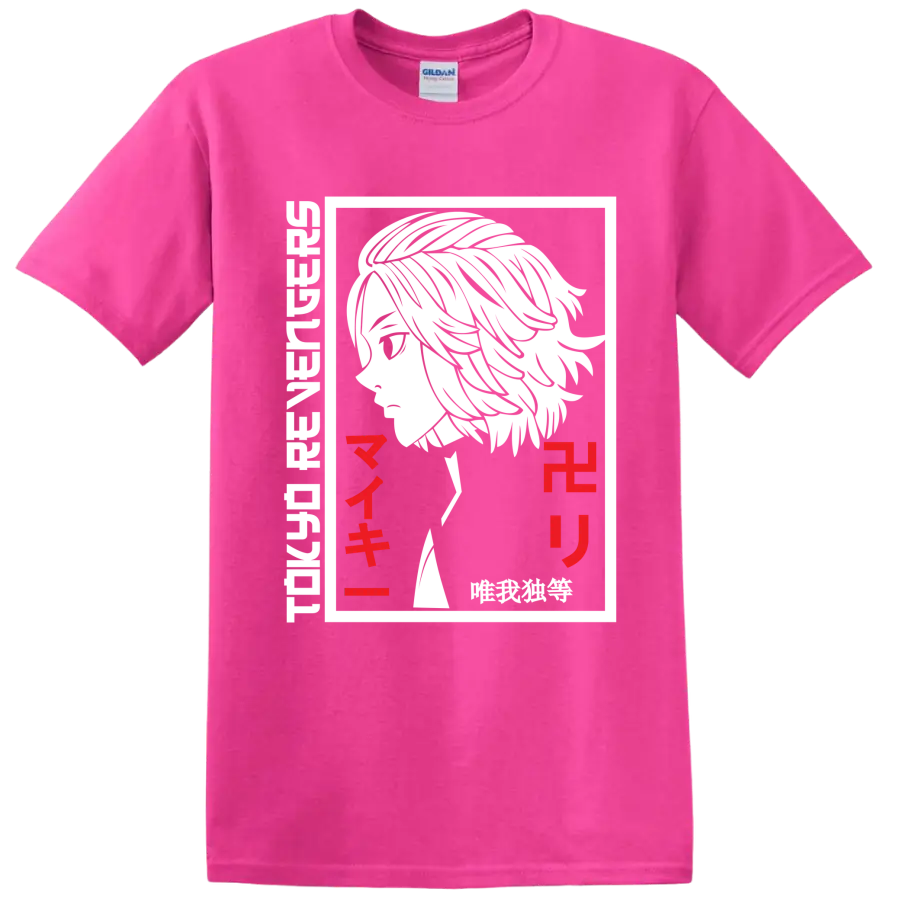 Manjiro Sano Mikey black-and-white manga portrait with red Japanese lettering on a Safety Pink T Shirt