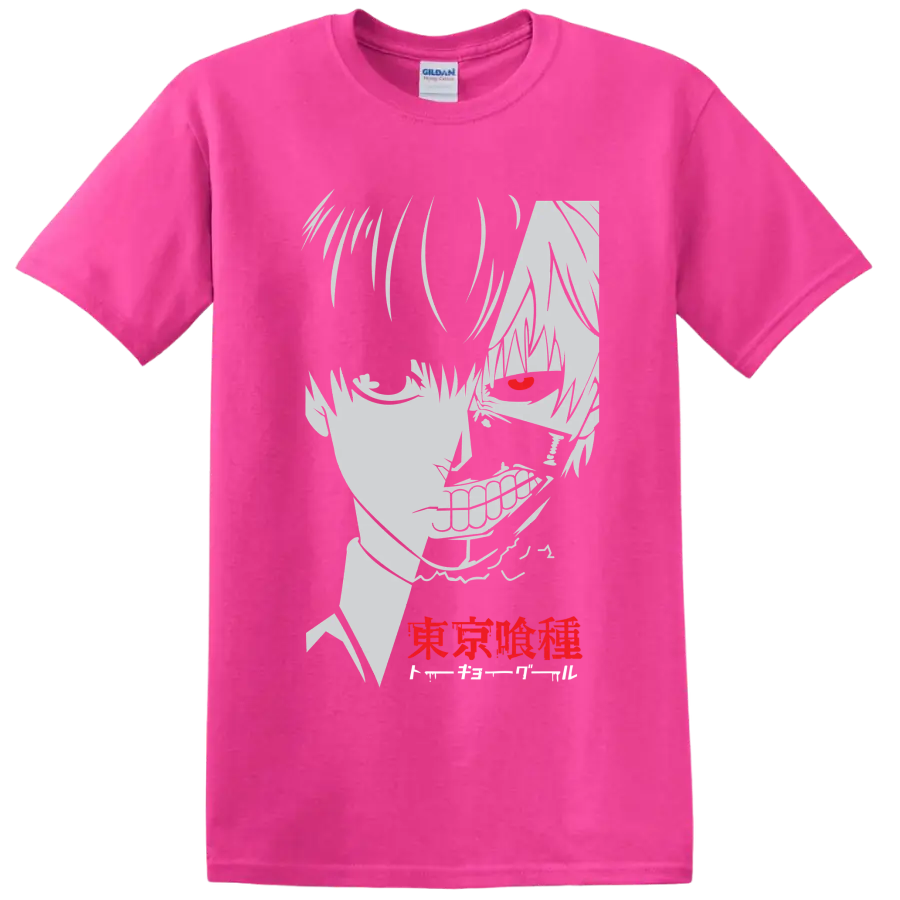 Ken Kaneki Tokyo Ghoul manga portrait with red eye, grin, and Japanese lettering on a Safety Pink T Shirt