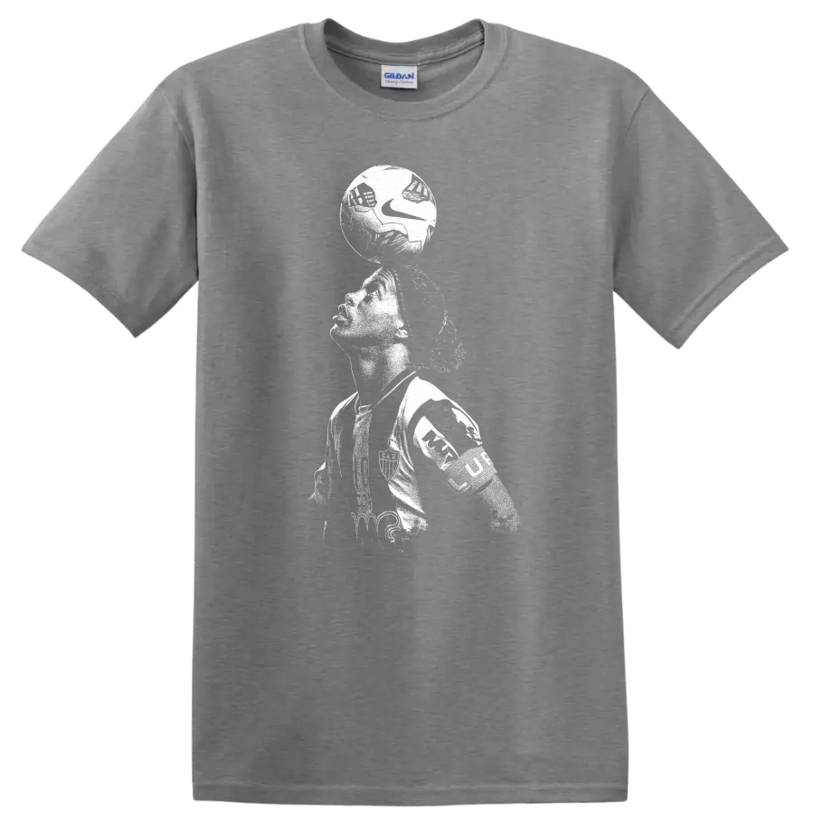 Retro soccer legend portrait of Ronaldinho Gaúcho style on black T - Sport Grey