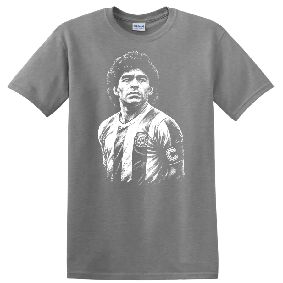 Black and white retro portrait of Diego Maradona on a T - Sport Grey