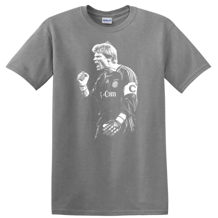 Black and white retro soccer portrait of Oliver Kahn on a T - Sport Grey