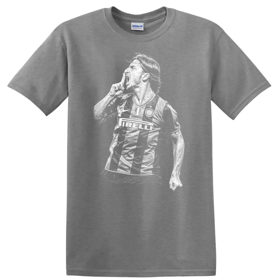 Black and white retro soccer player portrait graphic T Shirt featuring Zlatan - Sport Grey
