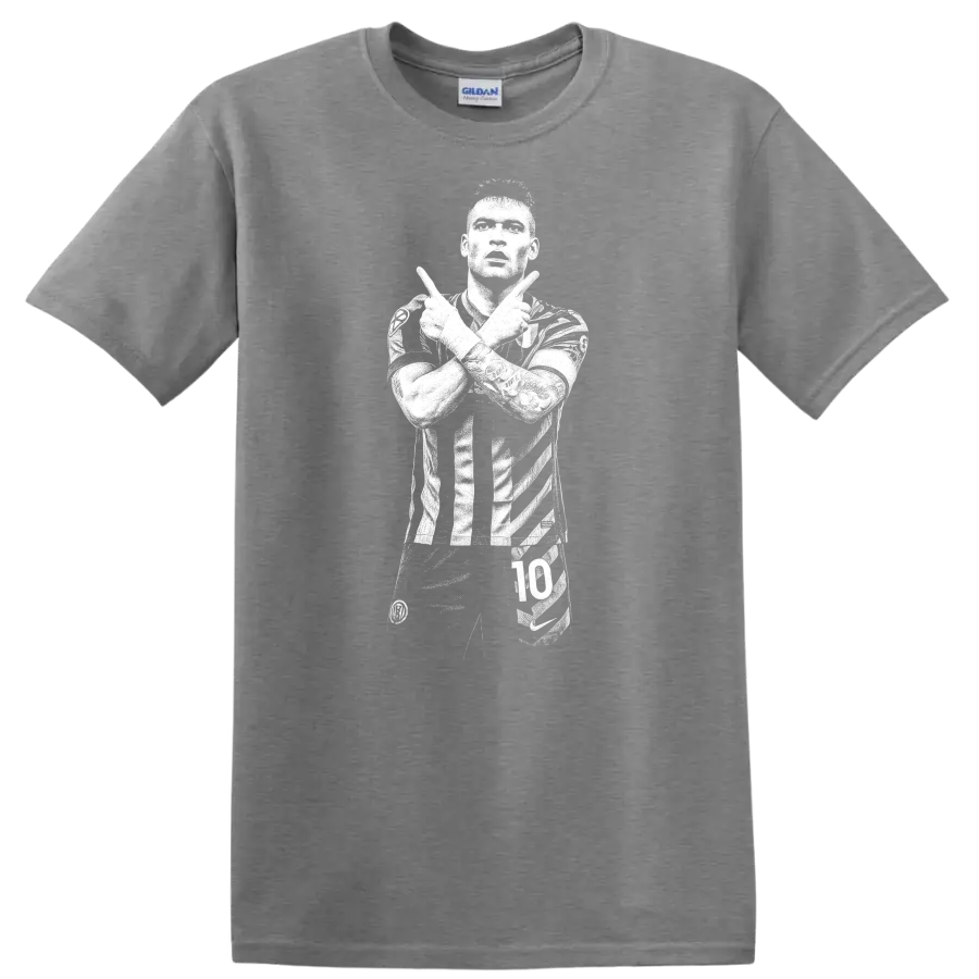 Black and white retro soccer portrait of Lautaro Martínez on a T - Sport Grey