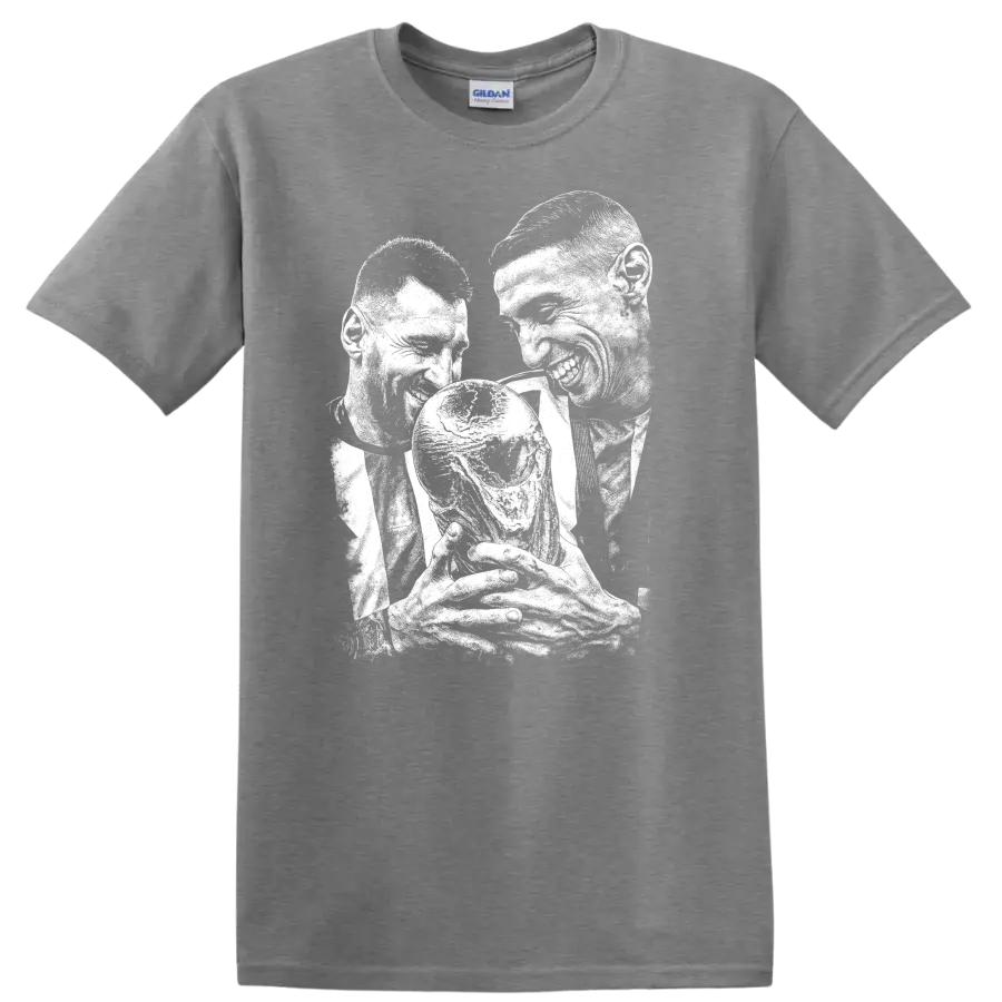 Retro soccer legend portrait design featuring Lionel Messi and Ángel Di María T - Sport Grey