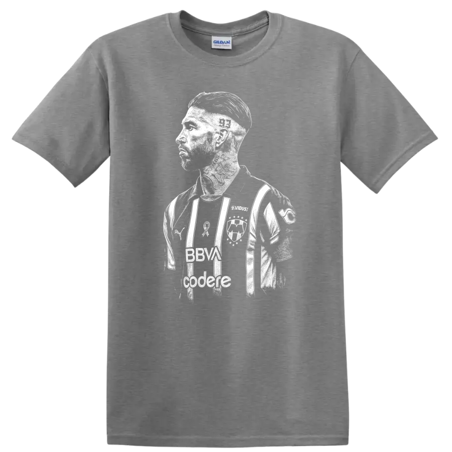 Retro style Sergio Ramos soccer portrait graphic on T - Sport Grey