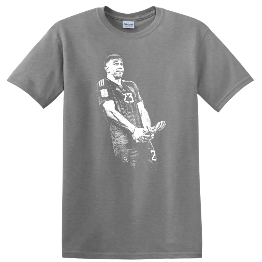 Retro soccer Emiliano Martínez portrait in black and white on a T - Sport Grey
