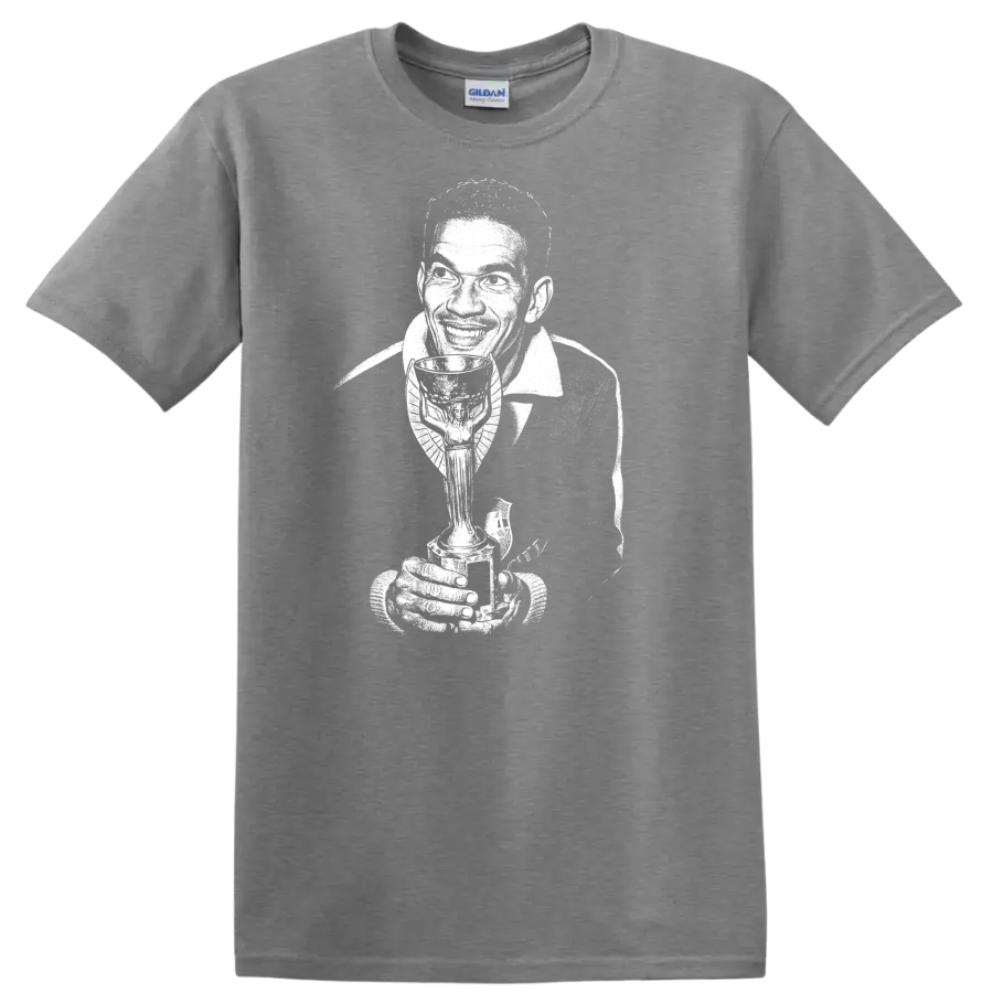 Black and white retro soccer portrait graphic T shirt of Manuel Francisco dos - Sport Grey