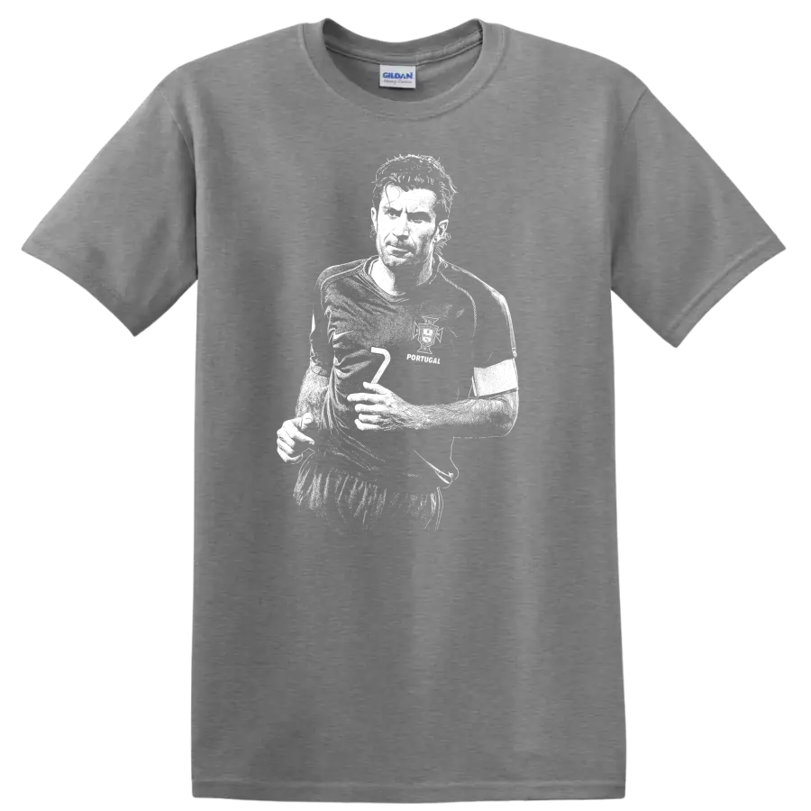 High-contrast retro soccer portrait of Luís Figo style graphic T-shirt - Sport Grey