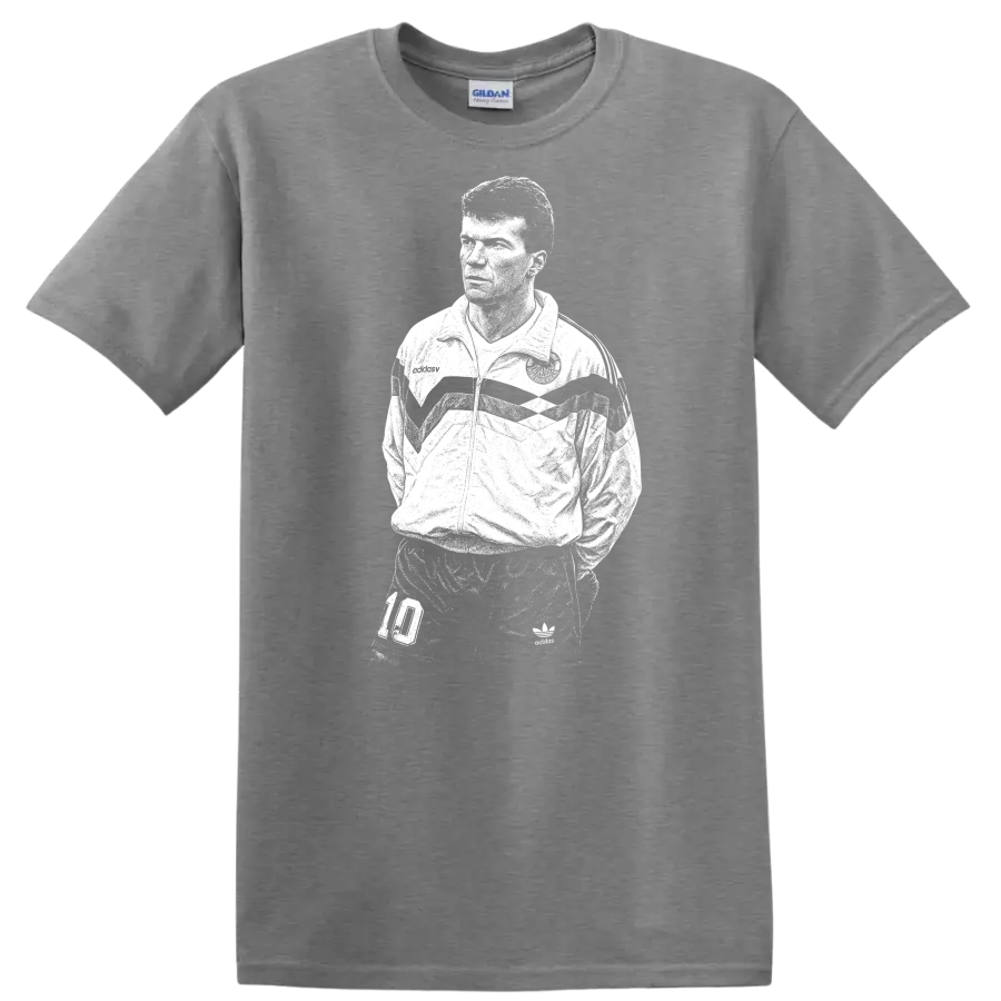 Retro soccer legend portrait graphic T Shirt inspired by Matthias - Sport Grey