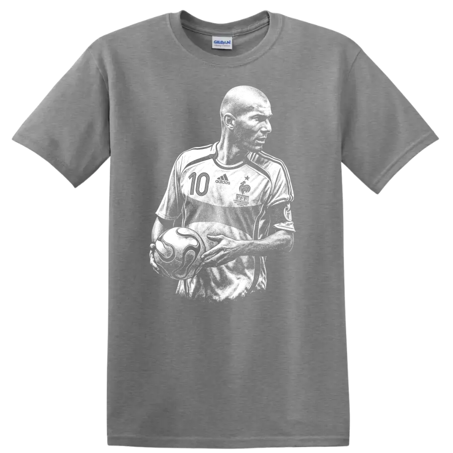 Retro soccer portrait of Zinedine Zidane in bold black and white style T - Sport Grey