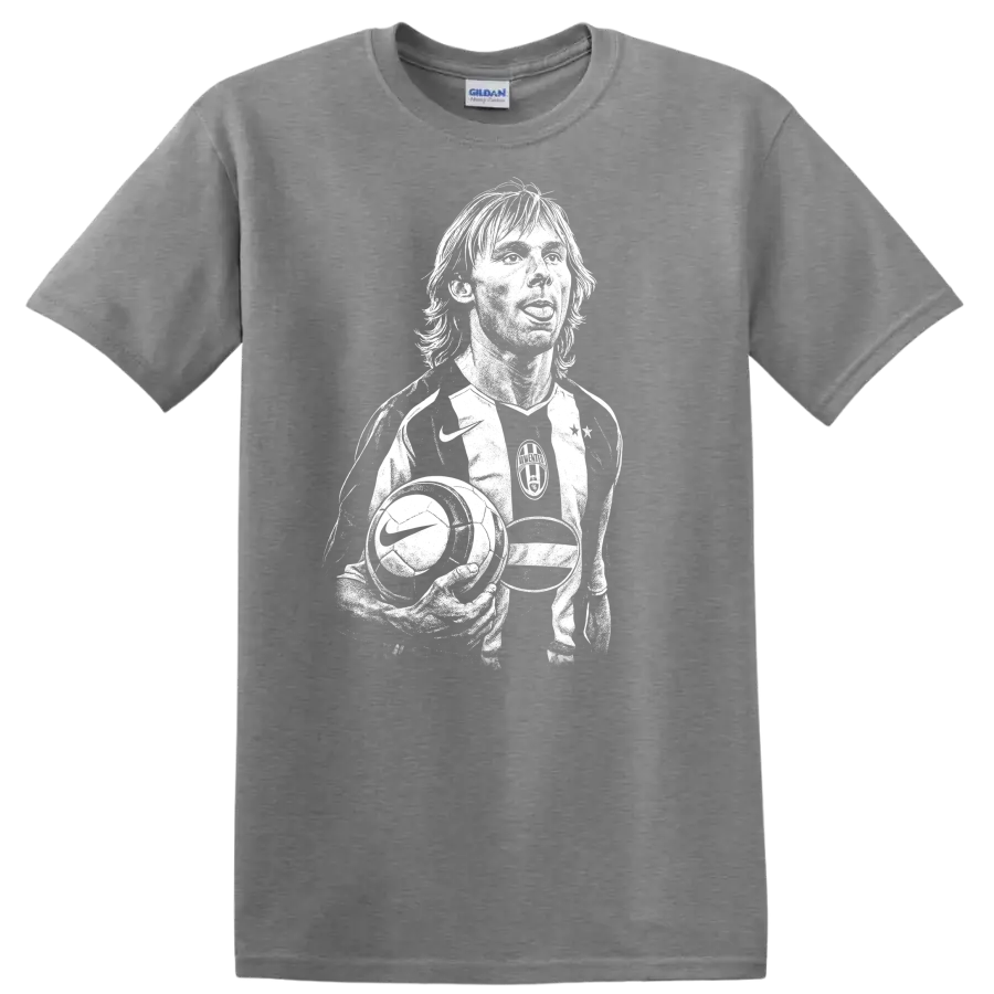 Black and white retro soccer portrait graphic T shirt featuring Pavel - Sport Grey