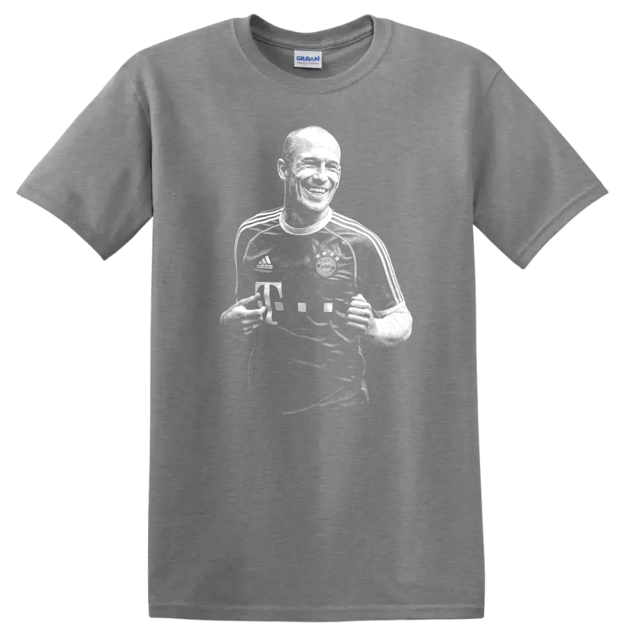 Black and white retro soccer portrait of Arjen Robben on a T - Sport Grey