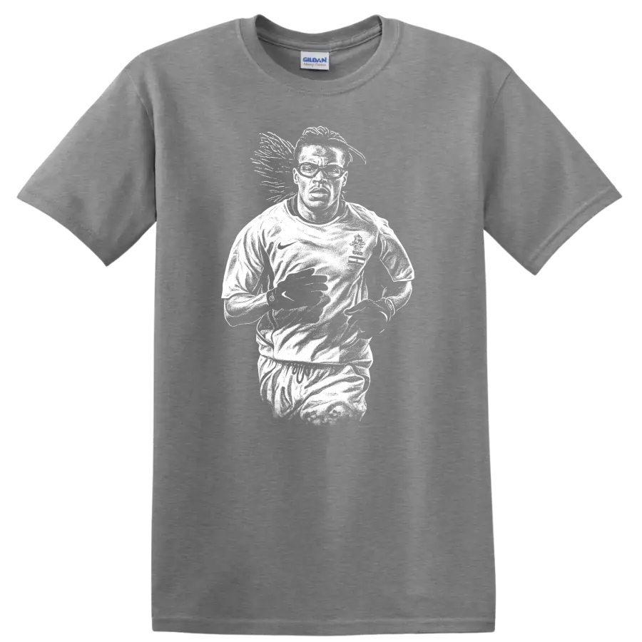 High-contrast retro soccer portrait of Edgar Davids inspired legend style T - Sport Grey