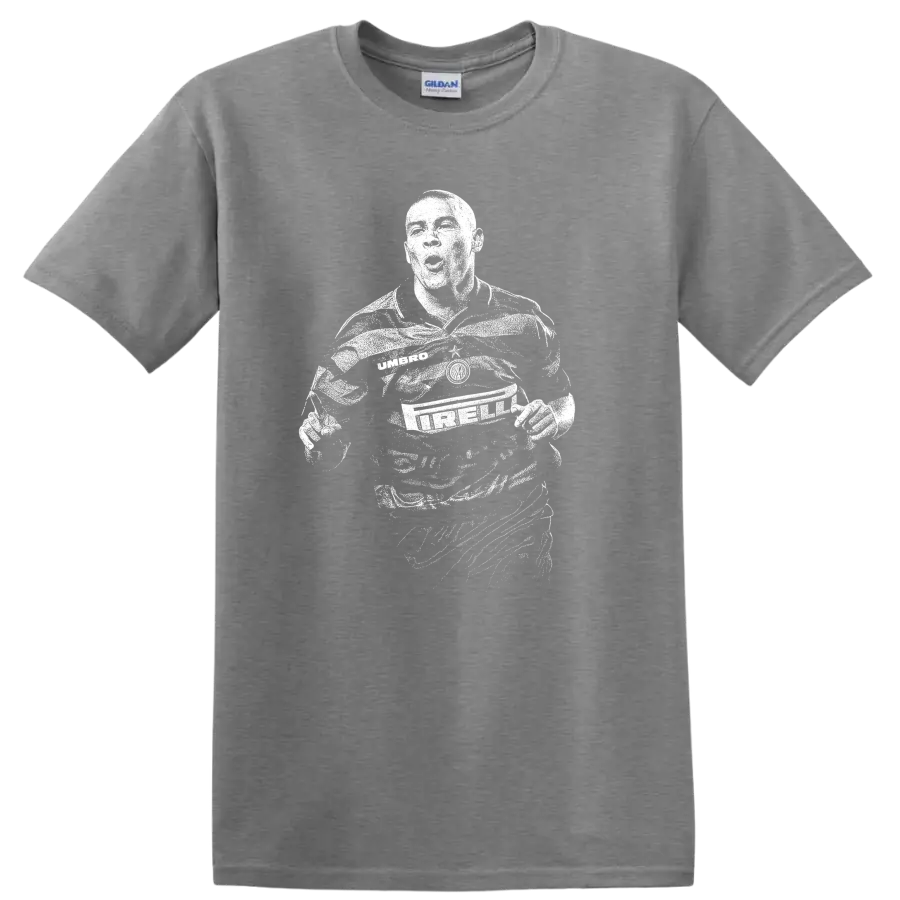 Retro soccer legend portrait of Ronaldo Nazário style graphic T - Sport Grey