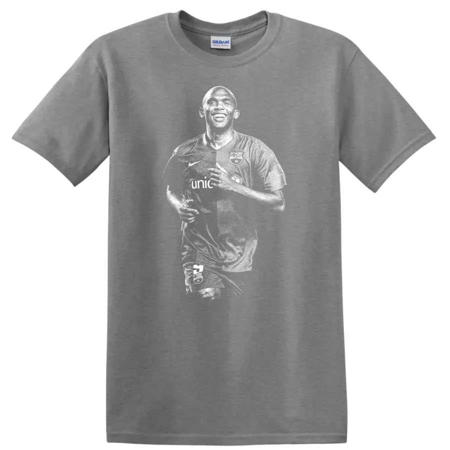 Retro soccer portrait style of Samuel Eto'o on a black T - Sport Grey