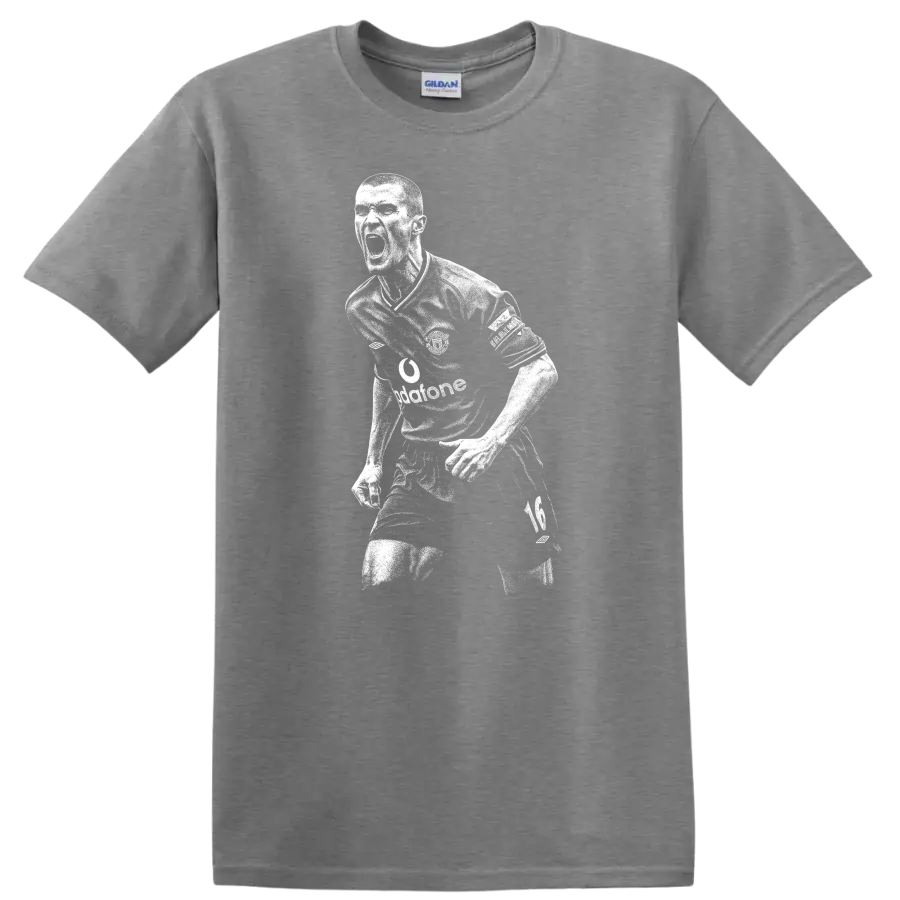 High-contrast retro soccer portrait of Roy Keane style T-shirt - Sport Grey
