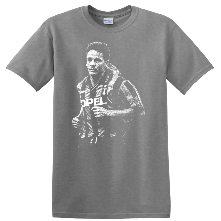 Black and white retro soccer portrait of Roberto Baggio on a T - Sport Grey