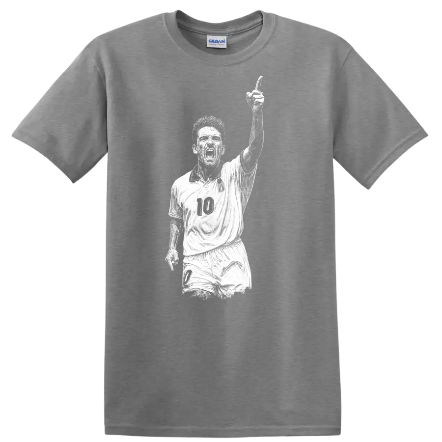 Retro soccer legend portrait of Roberto Baggio in bold black and white T Shirt - Sport Grey
