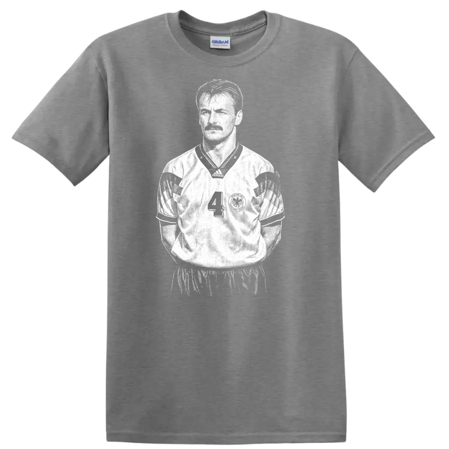Retro soccer legend portrait style graphic featuring Jürgen Kohler on a T - Sport Grey