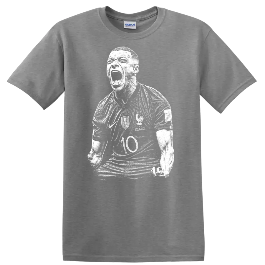 Black and white retro soccer portrait style Kylian Mbappe T Shirt - Sport Grey