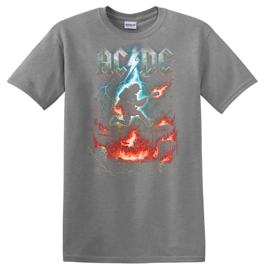 AC DC Retro Rock Lightning Guitar Heavy Metal T Shirt - Sport Grey