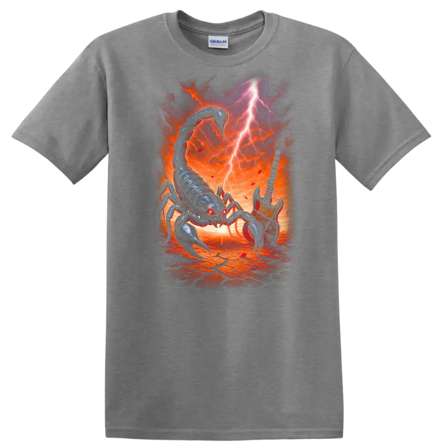 Heavy Metal Scorpion Guitar Retro Rock Band Album Art T Shirt - Sport Grey