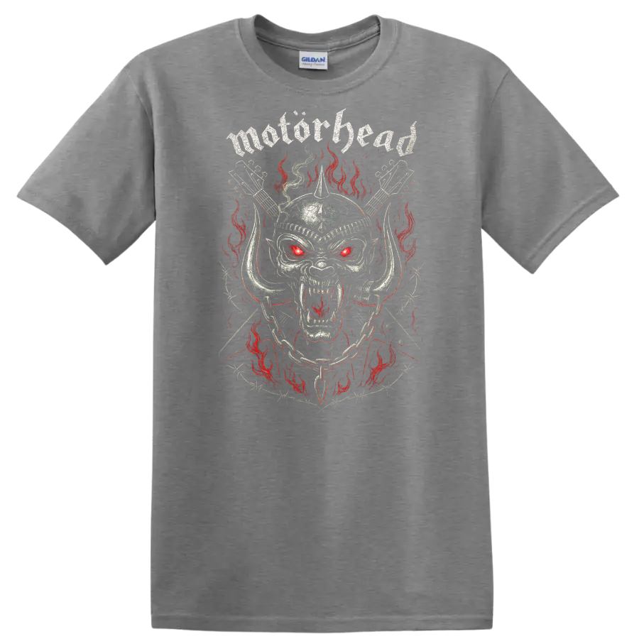 Motörhead Heavy Metal Skull Flames Retro Band Style T Shirt - Sport Grey