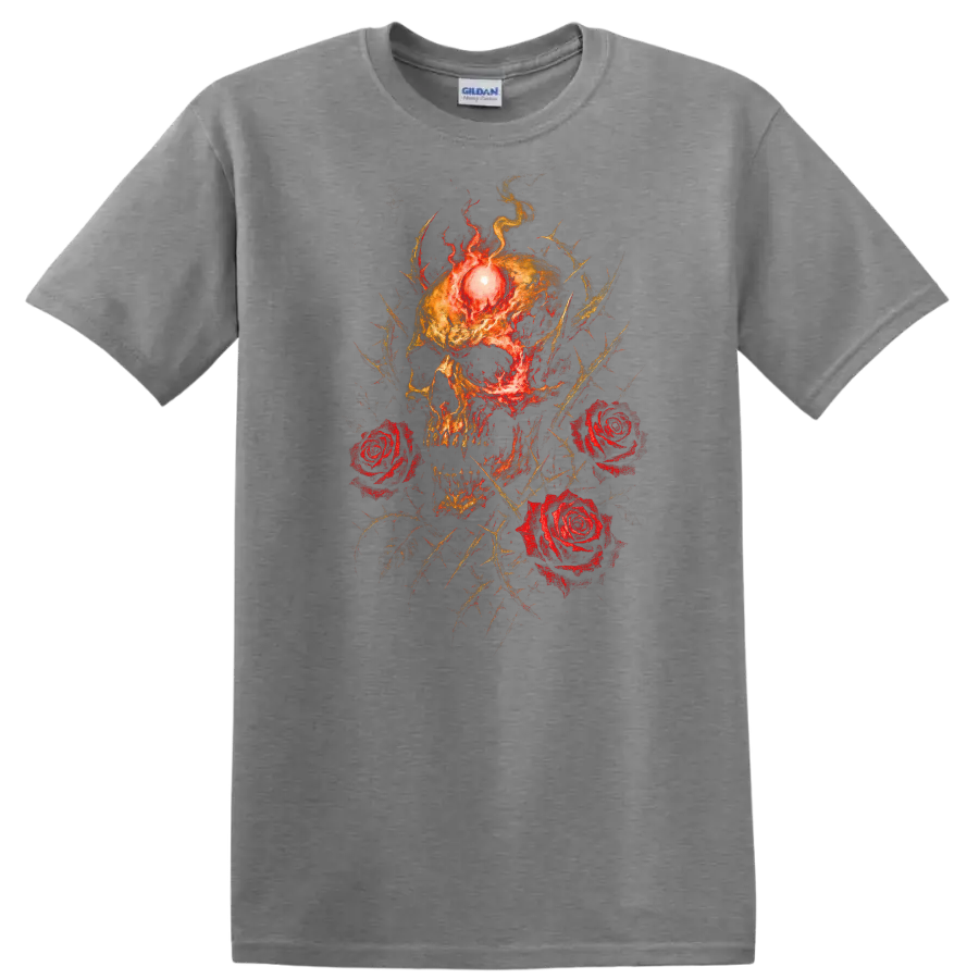 Retro Heavy Metal Skull Roses Fire T Shirt Dark Rock Band Cover Style - Sport Grey
