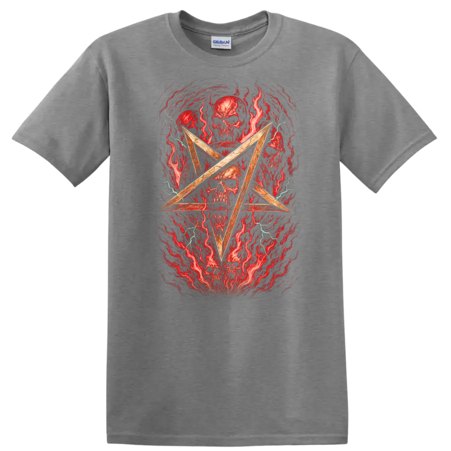 Retro Heavy Metal Skull Pentagram Album Cover Style T Shirt - Sport Grey