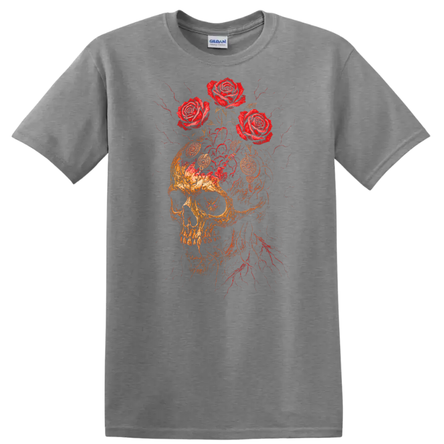 Retro Rock Skull and Roses Heavy Metal Graphic T Shirt - Sport Grey