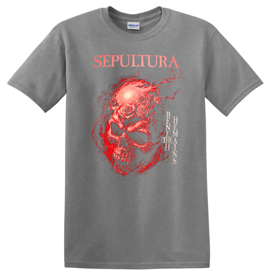 Sepultura Skull Roses Retro Heavy Metal Band Album Cover T Shirt - Sport Grey