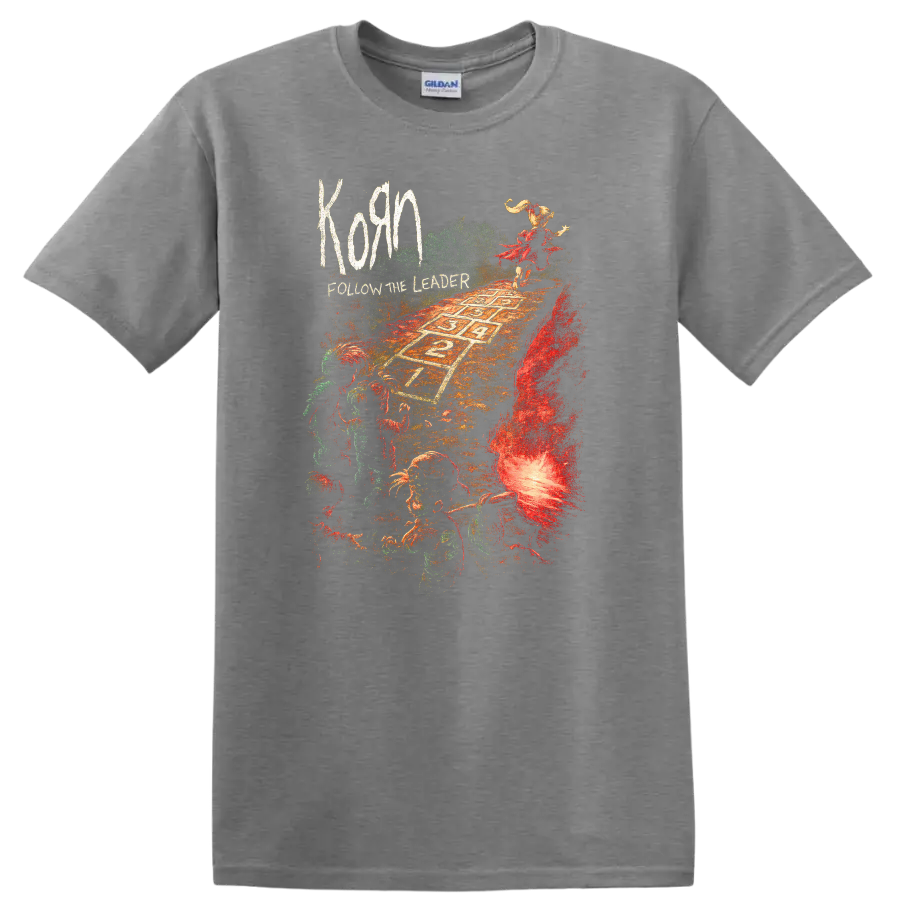 Korn Follow the Leader Retro Heavy Metal Album Art T Shirt - Sport Grey