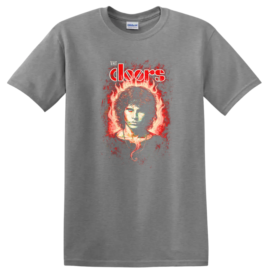 The Doors Retro Rock Flame Portrait Album Cover T Shirt - Sport Grey