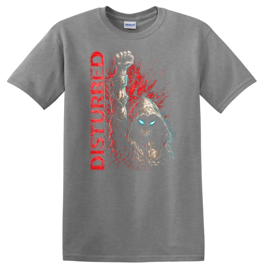 Disturbed Retro Heavy Metal Album Cover Style T Shirt for Rock Fans - Sport Grey