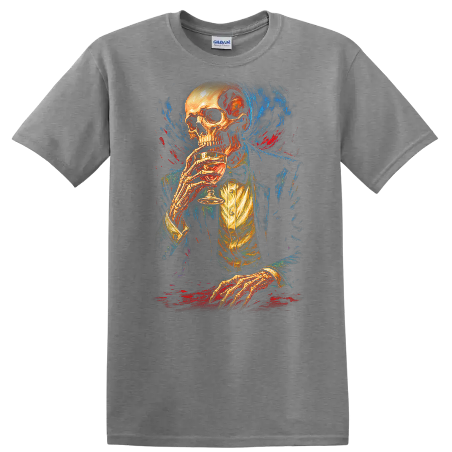 Vintage gothic skeleton in formal attire holding a drink amid blue and red painterly on a Sport Grey T Shirt