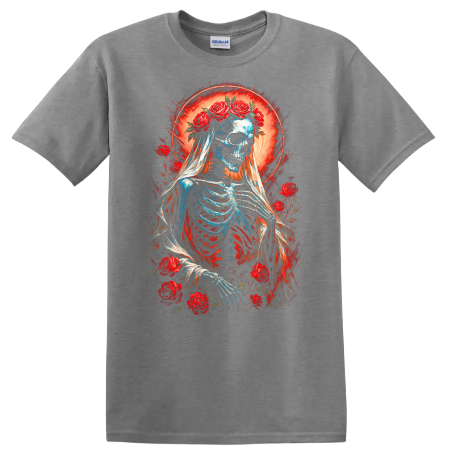 Vintage gothic skeleton bride in a veil with red roses and glowing red halo on a Sport Grey T Shirt