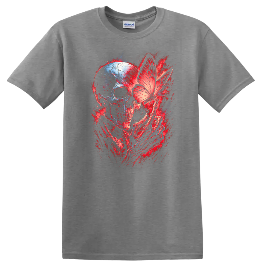 Gothic skull with skeletal hands holding a butterfly in red and blue dark art on a Sport Grey T Shirt