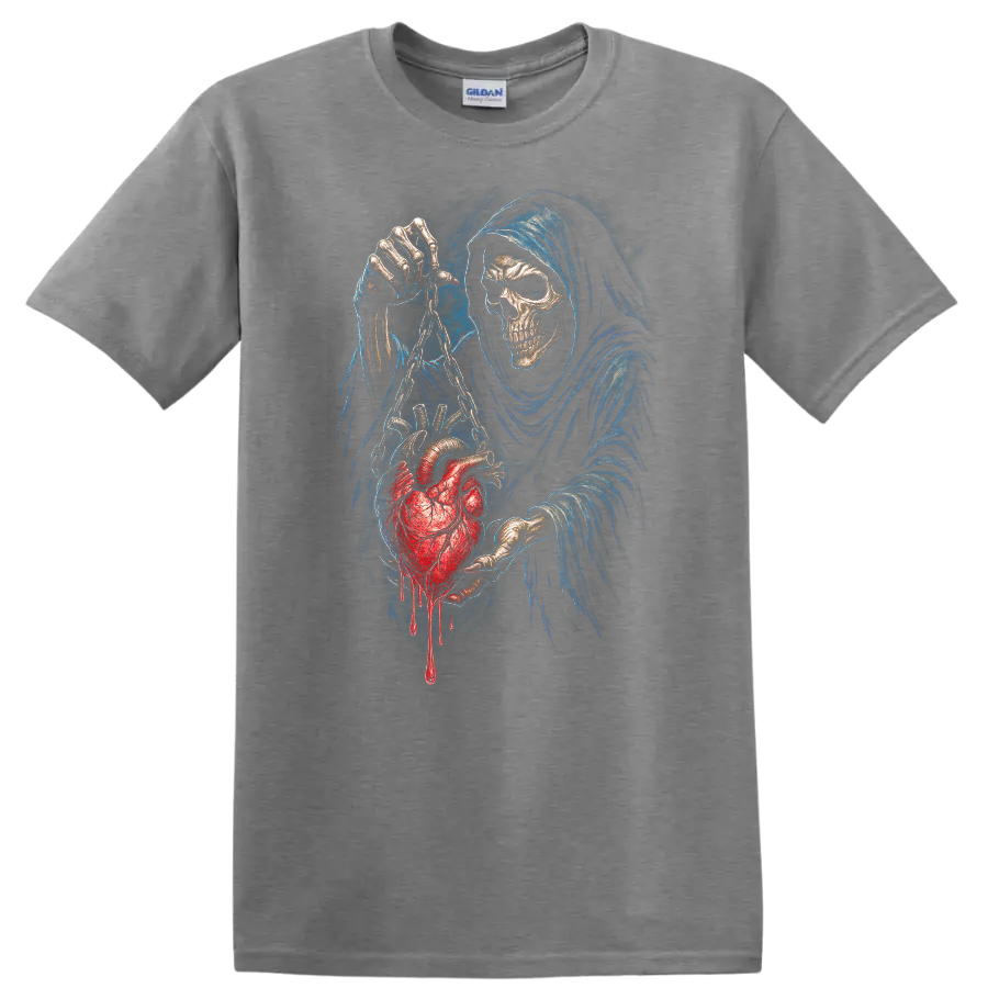 Grim Reaper skull holding a chained bleeding heart in detailed gothic horror art on a Sport Grey T Shirt