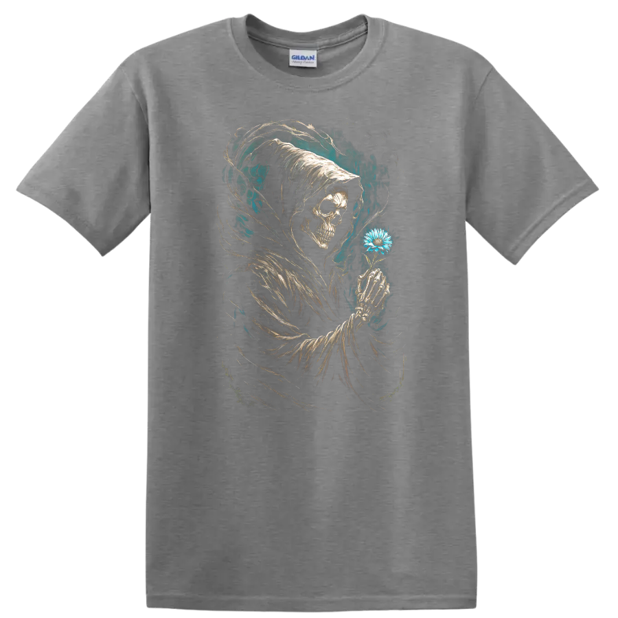Hooded Grim Reaper skull holding blue flower in vintage gothic dark art on a Sport Grey T Shirt