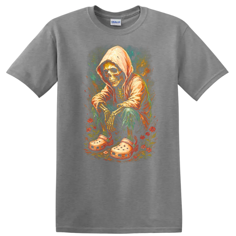 Vintage hooded skeleton in oversized clogs surrounded by colorful flowers on a Sport Grey T Shirt