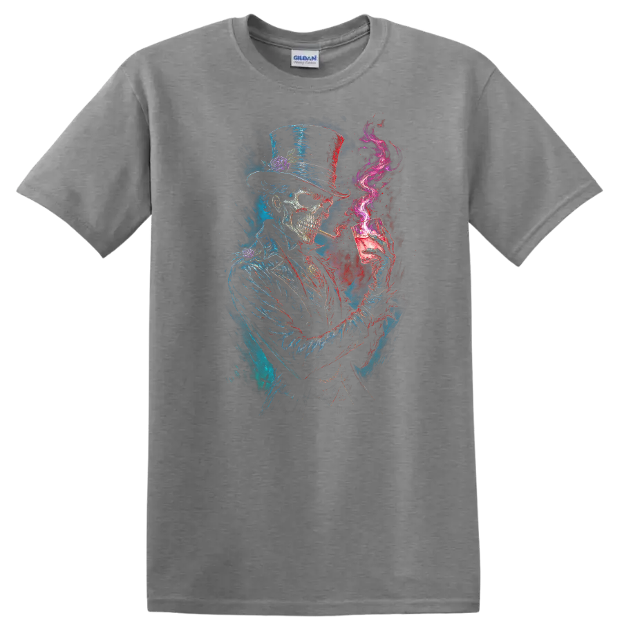 Gothic top-hat skeleton with cocktail glass, magenta smoke, and distressed skull art on a Sport Grey T Shirt