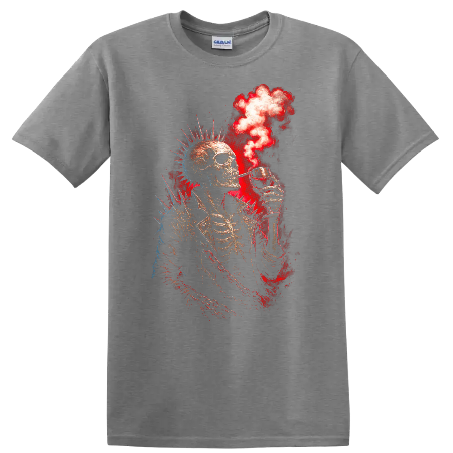 Spiked punk skeleton raising a cocktail amid red smoke in distressed gothic art on a Sport Grey T Shirt