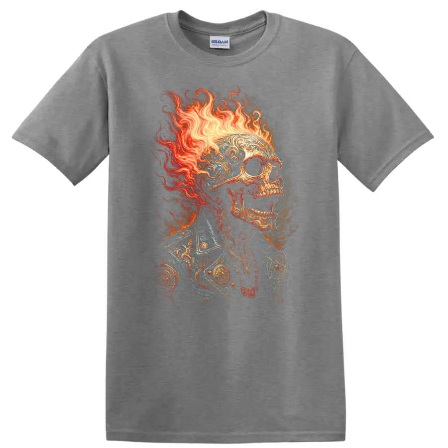 Flaming skull in ornate vintage jacket with gothic fire illustration on a Sport Grey T Shirt