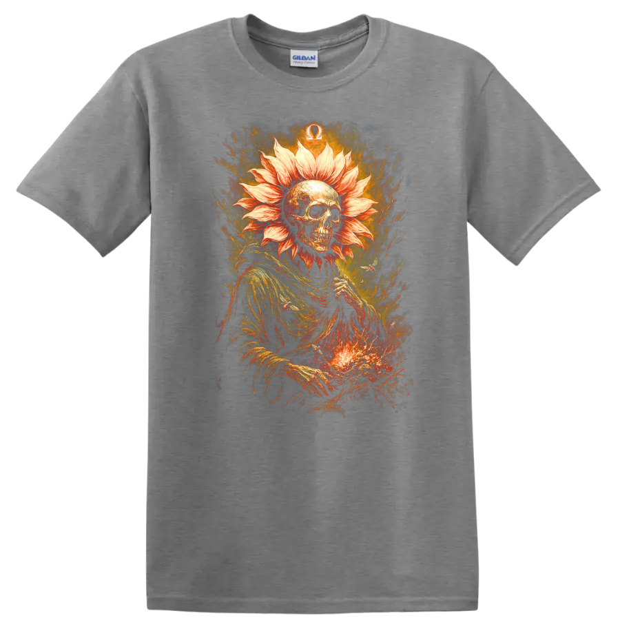 Gothic skeleton with flower-petal halo, fiery textures, and Omega symbol on a Sport Grey T Shirt