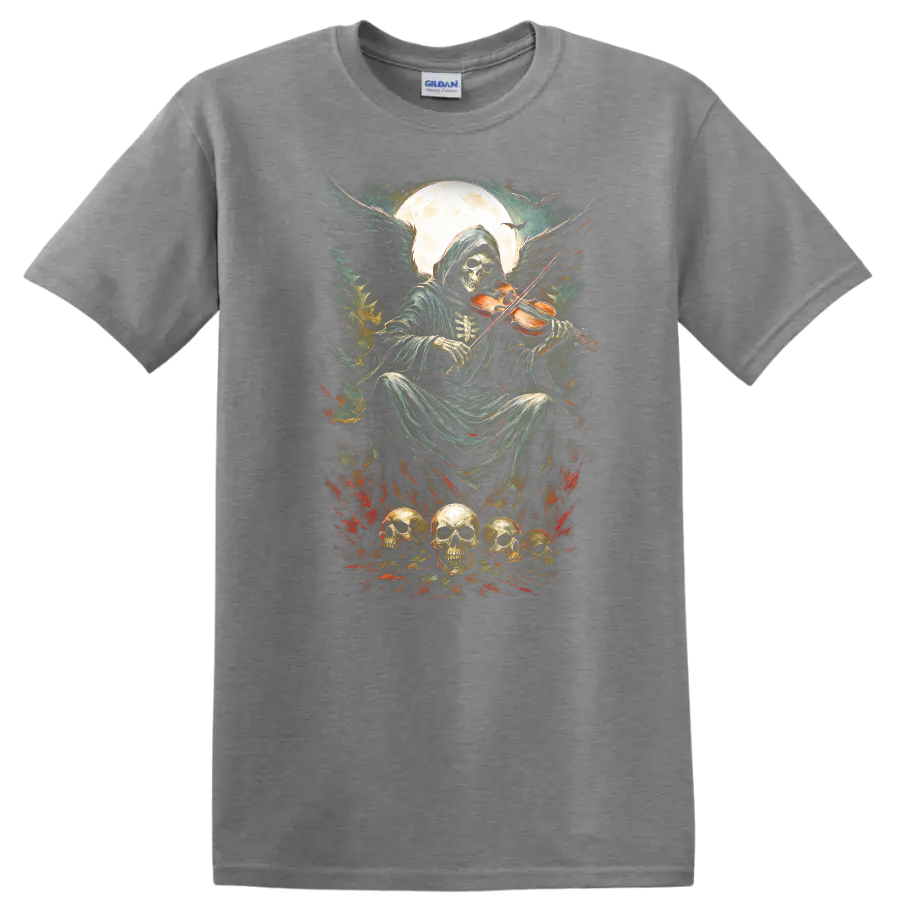 Vintage gothic Grim Reaper playing violin beneath moon with skulls and fiery accents on a Sport Grey T Shirt