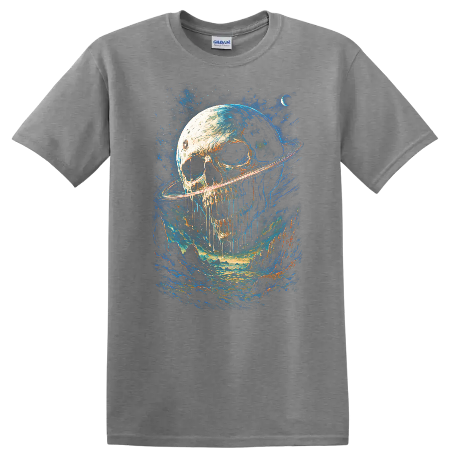 Gothic skull with Saturn-like ring in a vivid blue cosmic landscape on a Sport Grey T Shirt