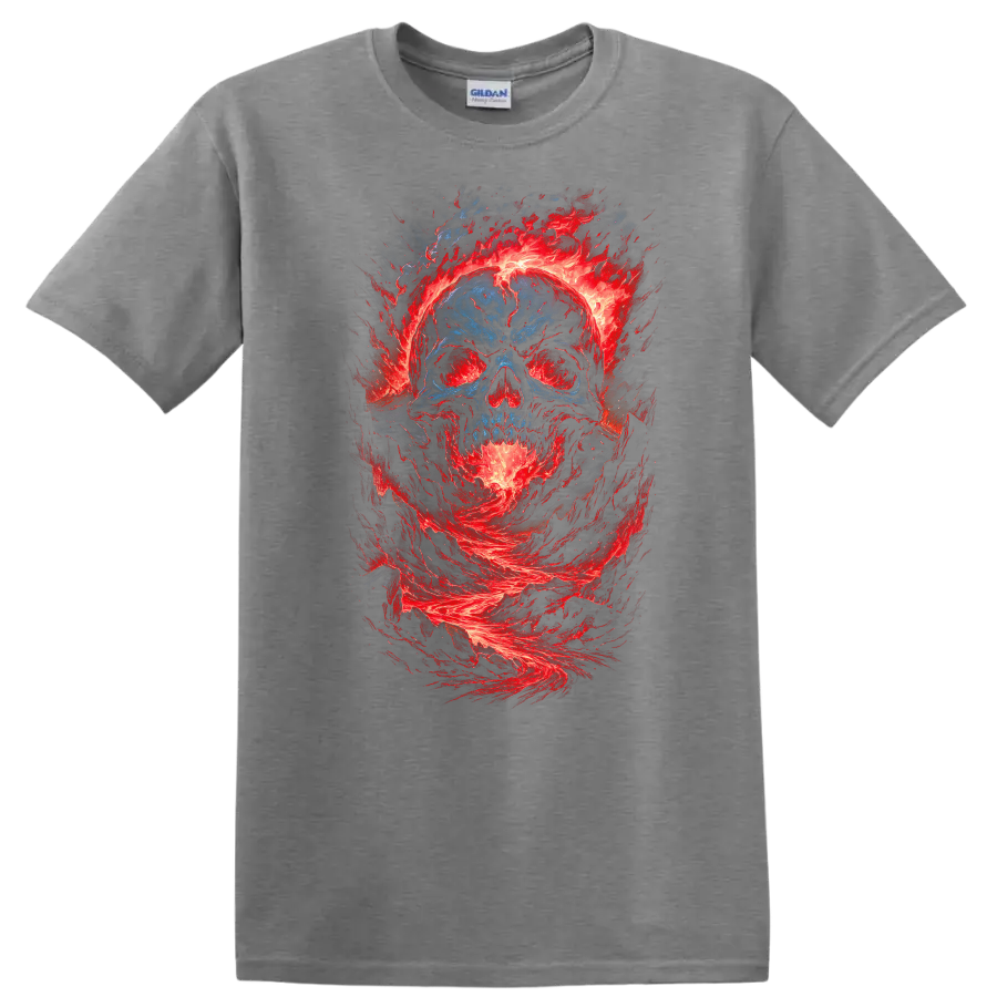 Distressed blue skull surrounded by swirling red flames in gothic horror art on a Sport Grey T Shirt
