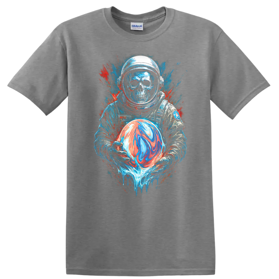 Gothic skull astronaut holding a swirling orb in neon space splatter art on a Sport Grey T Shirt