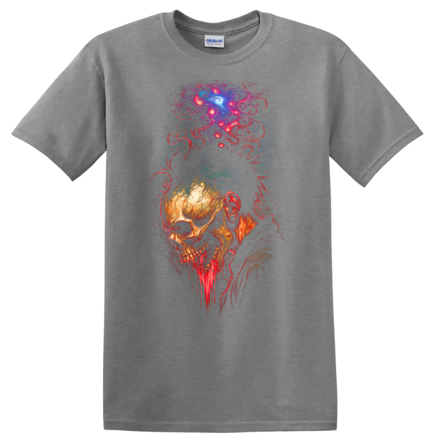 Decaying skull with dripping jaw and psychedelic cosmic smoke in gothic horror art on a Sport Grey T Shirt